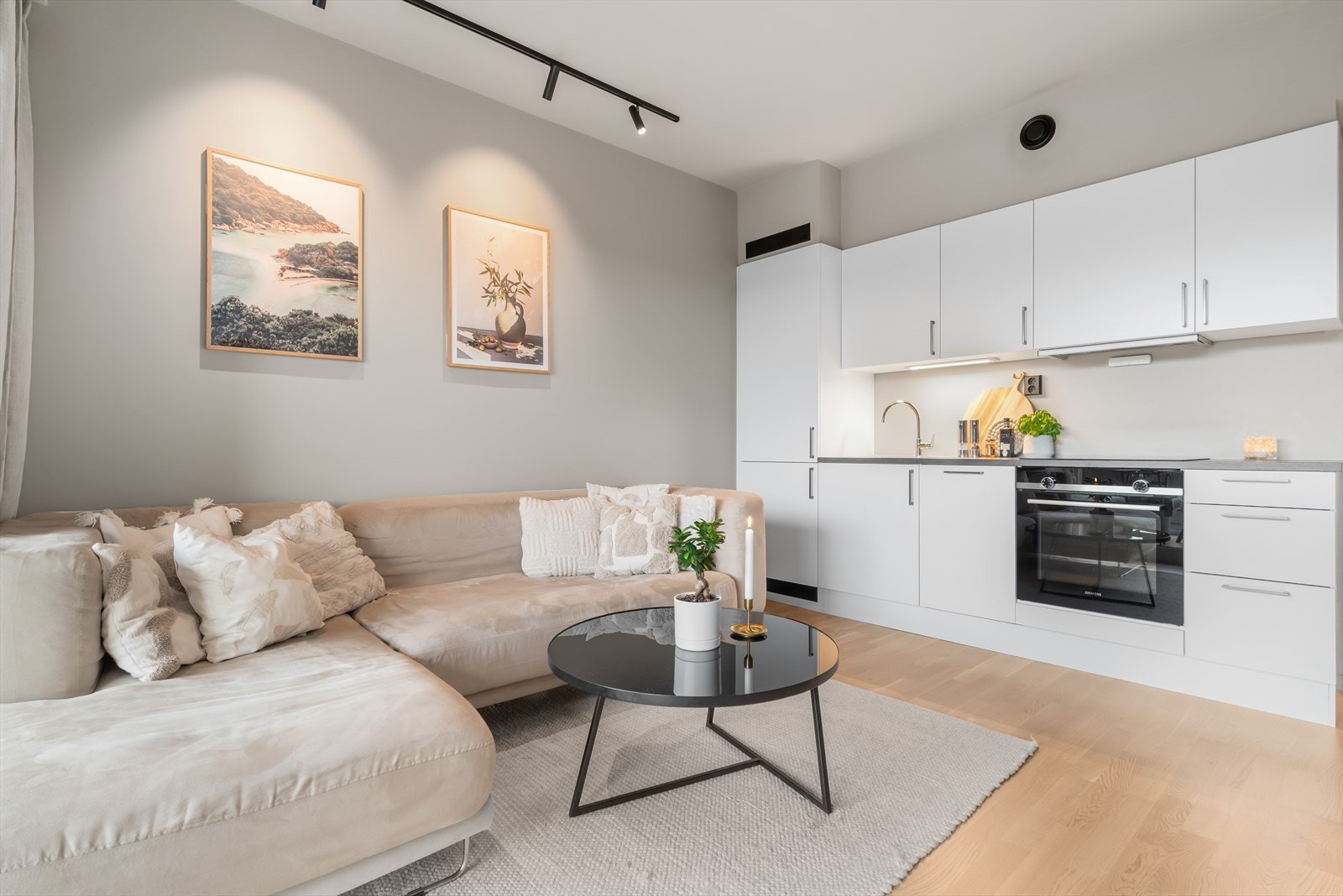 Leiligheten byr på en pen og moderne stue/- og kjøkken løsning på 15,5 kvm. Galleribilde