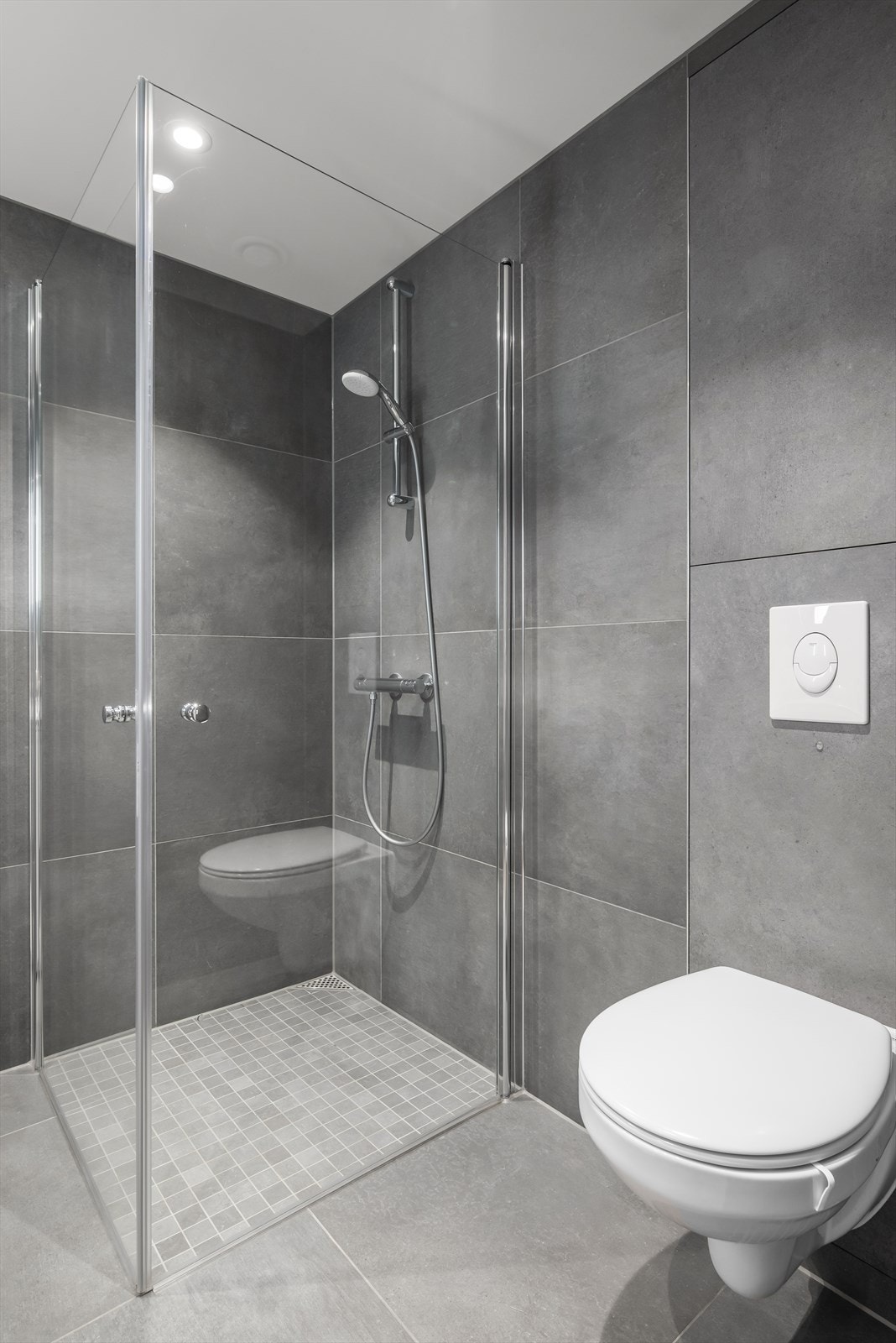 Badet har veggmontert toalett, dusjhjørne med innfellbare glassdører og spotter i taket. Galleribilde