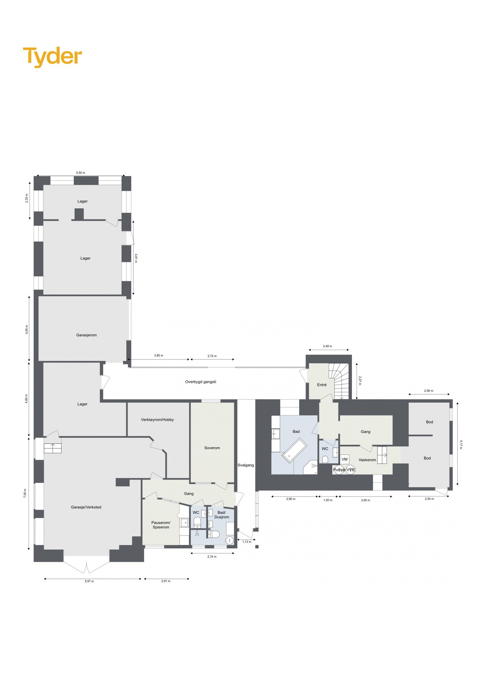 Planskisse Hovedbolig + låve - 1. Etasje. Galleribilde