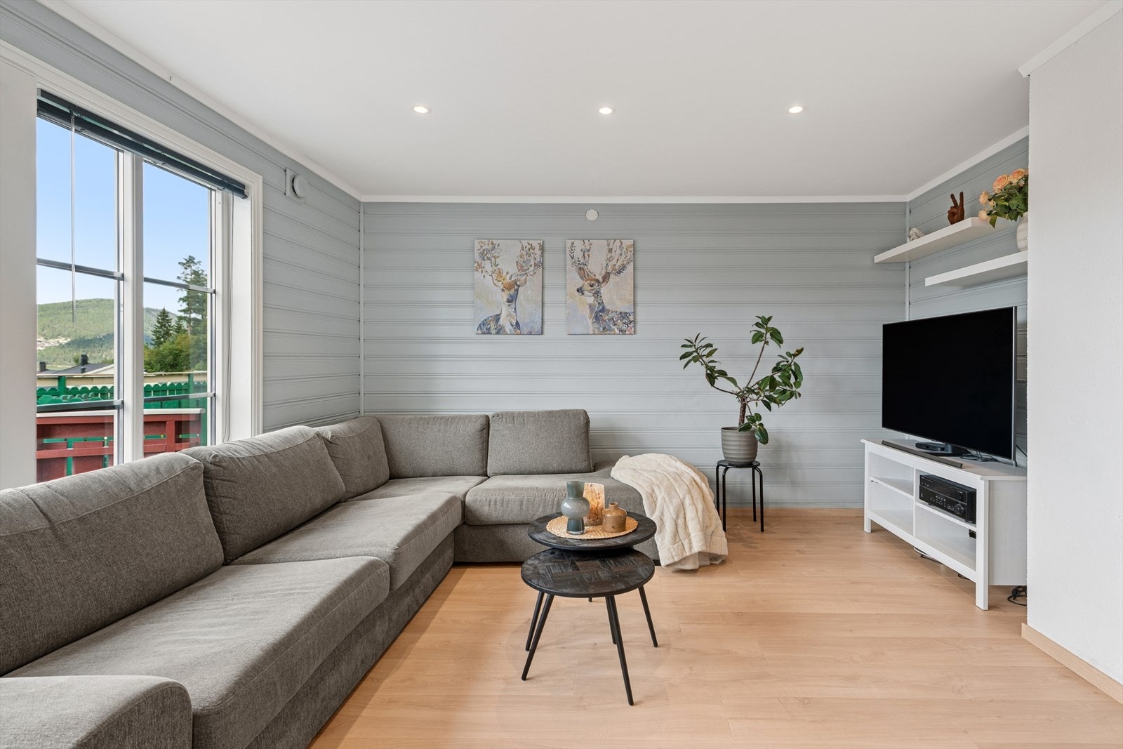 Lys og innbydende stue med komfortabel sofagruppe og TV-krok. Galleribilde