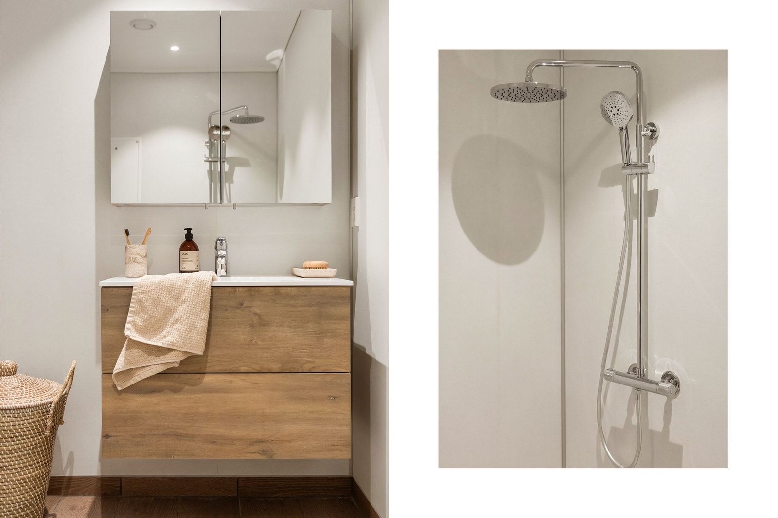 Badet er innredet med vegghengt toalett, helstøpt servant, skuffer under servant med slette fronter, og dusjgarnityr. Galleribilde