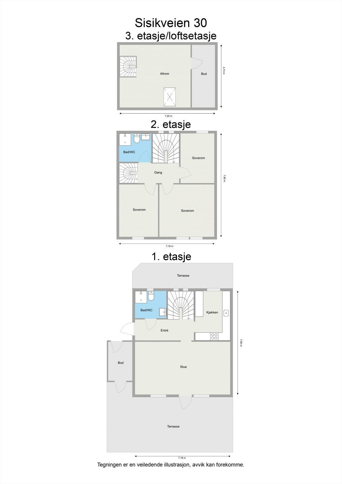Kombinerte plantegninger av alle etasjer. Galleribilde