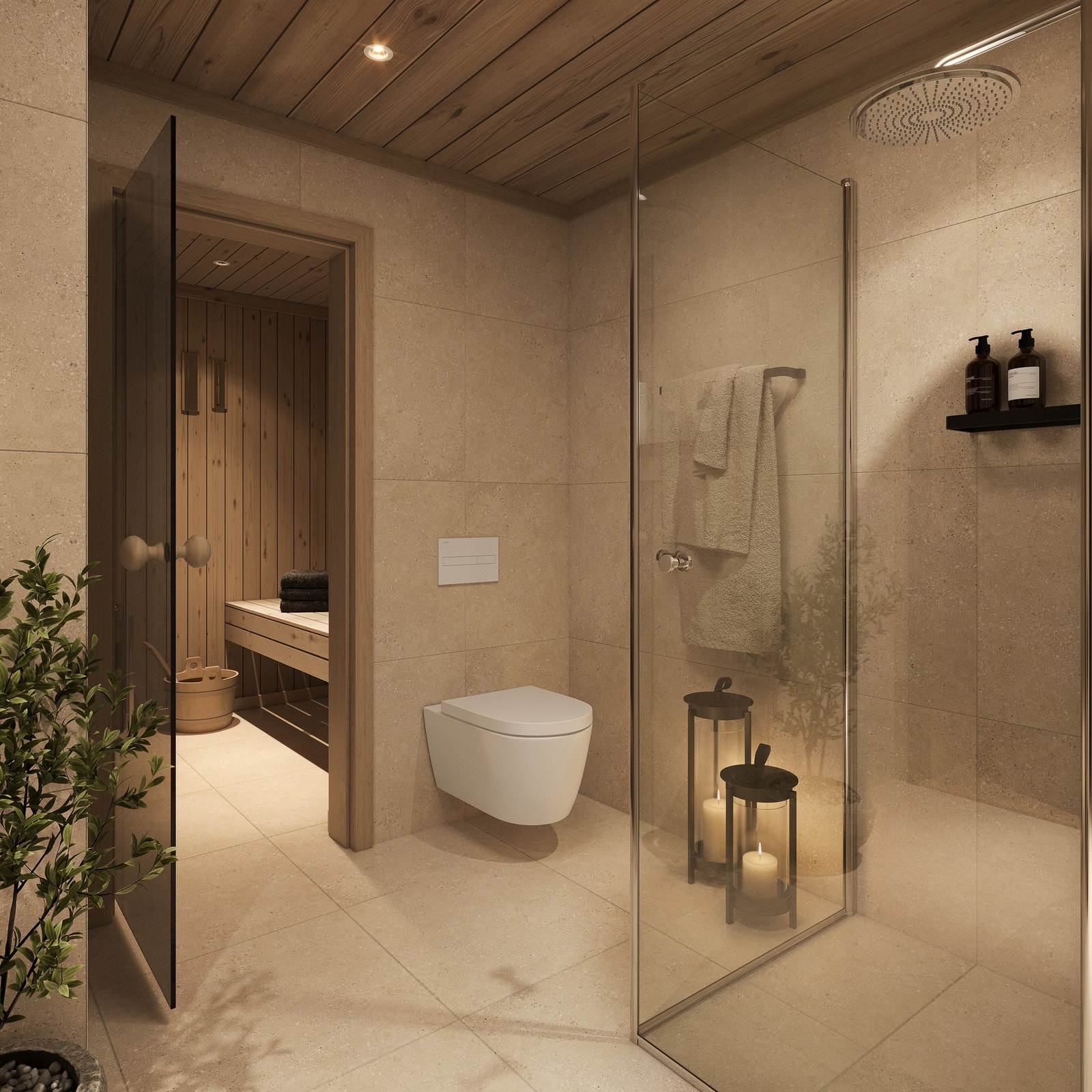 Lekkert flislagt bad med badstue Galleribilde