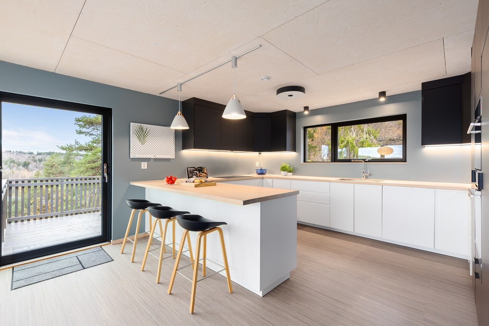 Integrerte hvitevarer og godt med oppbevaringsplass i skap- og skuffeseksjoner. Skyvedør ut til veranda. Galleribilde