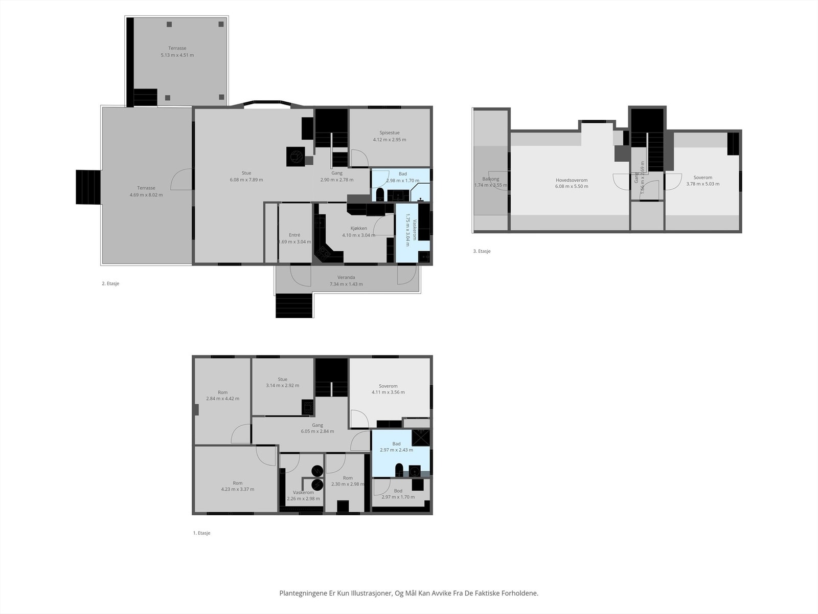 Plantegningene gir en god oversikt over boligens tre etasjer og romfordeling. Galleribilde