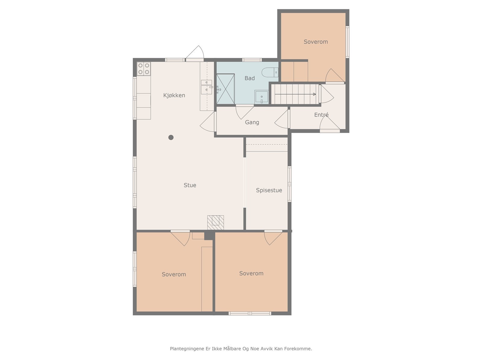 Hytta inneholder stue/kjøkken, bad, 3 soverom, gang, entre og trapperom ned til kjeller. Galleribilde