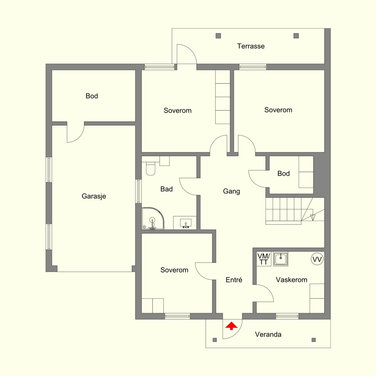 Vi tar turen ned til første etasje, slik ser plantegningen ut. Galleribilde