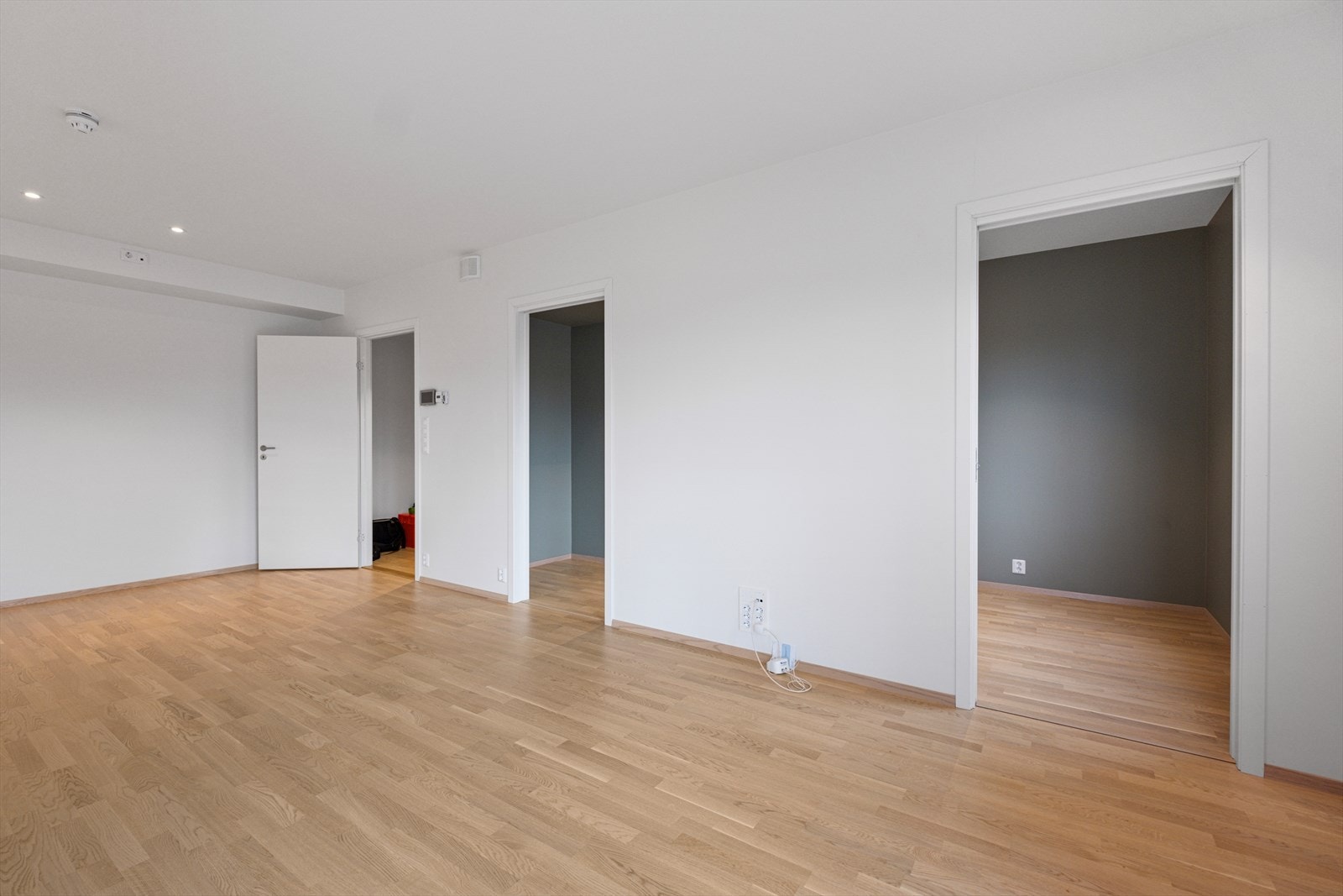 Swedoor hvite glatte innerdører gir en ren og enkel estetikk i rommet. Galleribilde