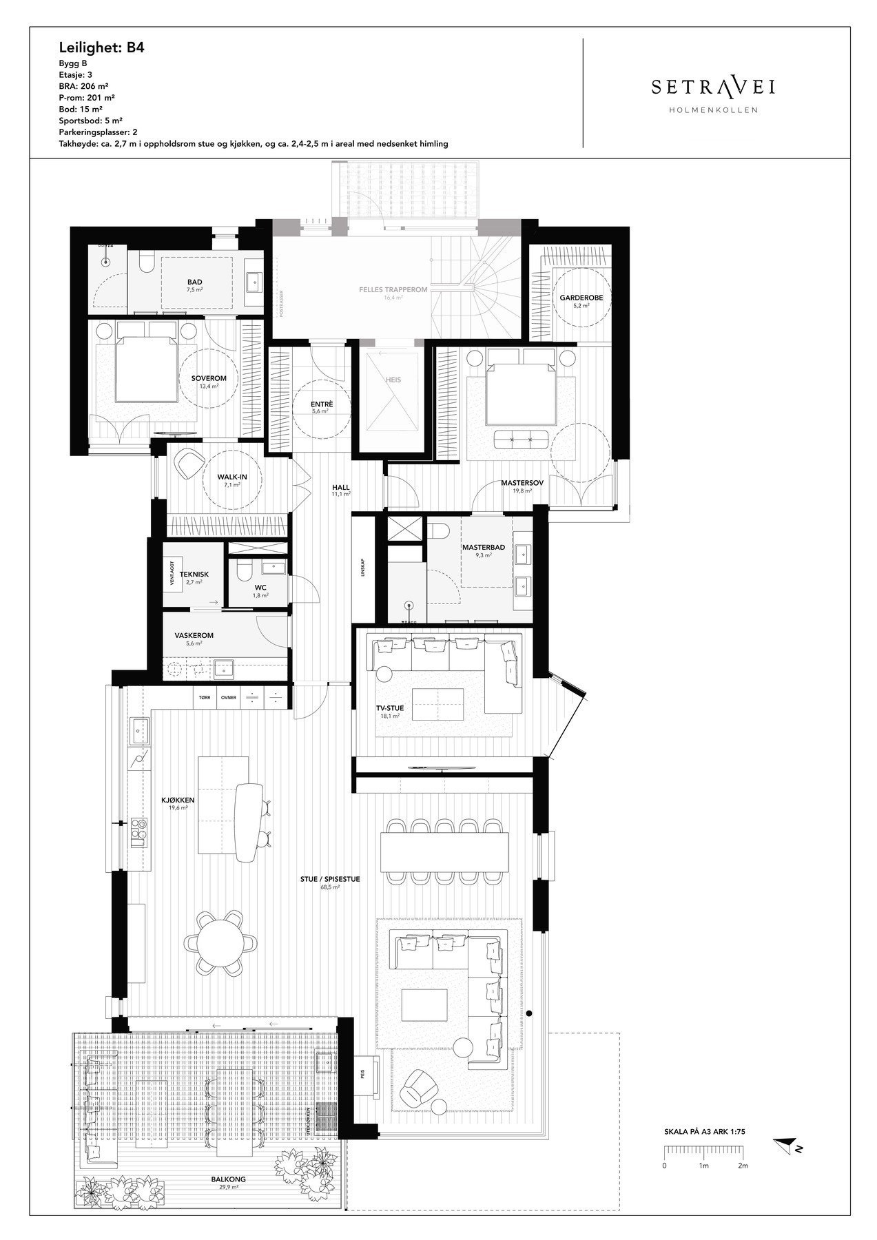 Leiligheten går over ett plan på hele 206 kvm BRA. I kjelleren finner du i tillegg sportsbod på 5 kvm og stor bod på 15 kvm. Det medfølger to garasjeplasser med el-bil lader