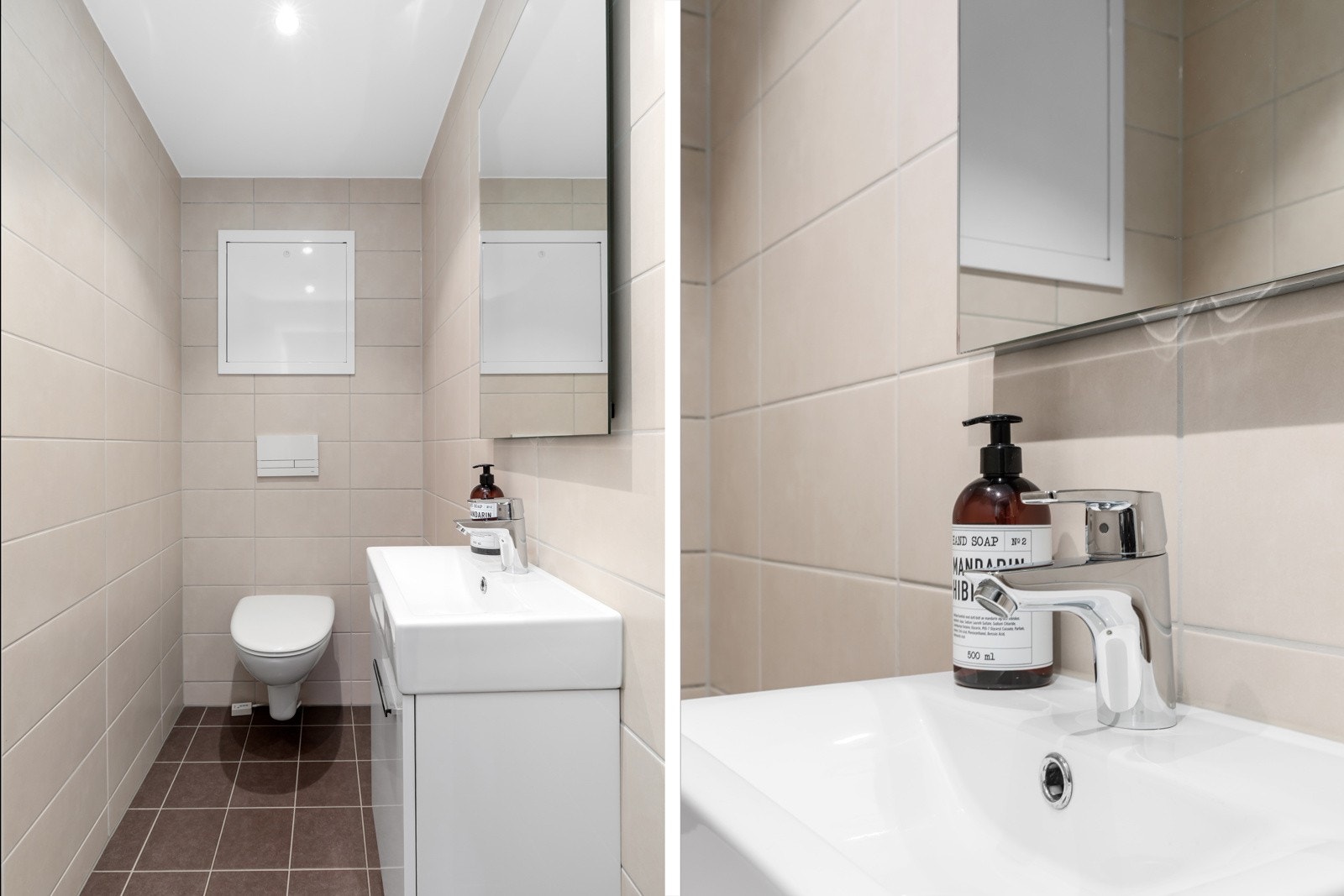 Toalettrommet i gangen har fliser i gulv med varmekabler. Galleribilde