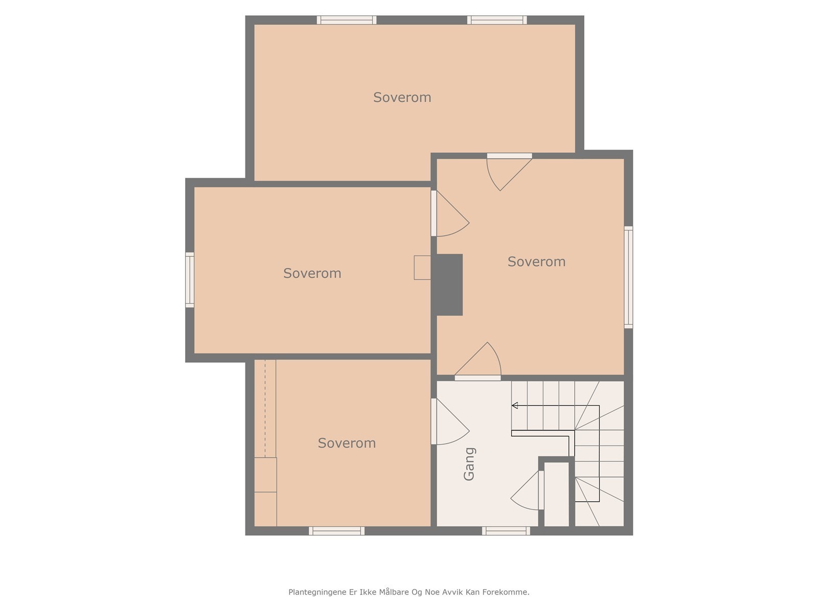 I loftsetasjen er gang og fire soverom, alle med god størrelse. Det innerste soverommet var tidligere delt i to. Galleribilde