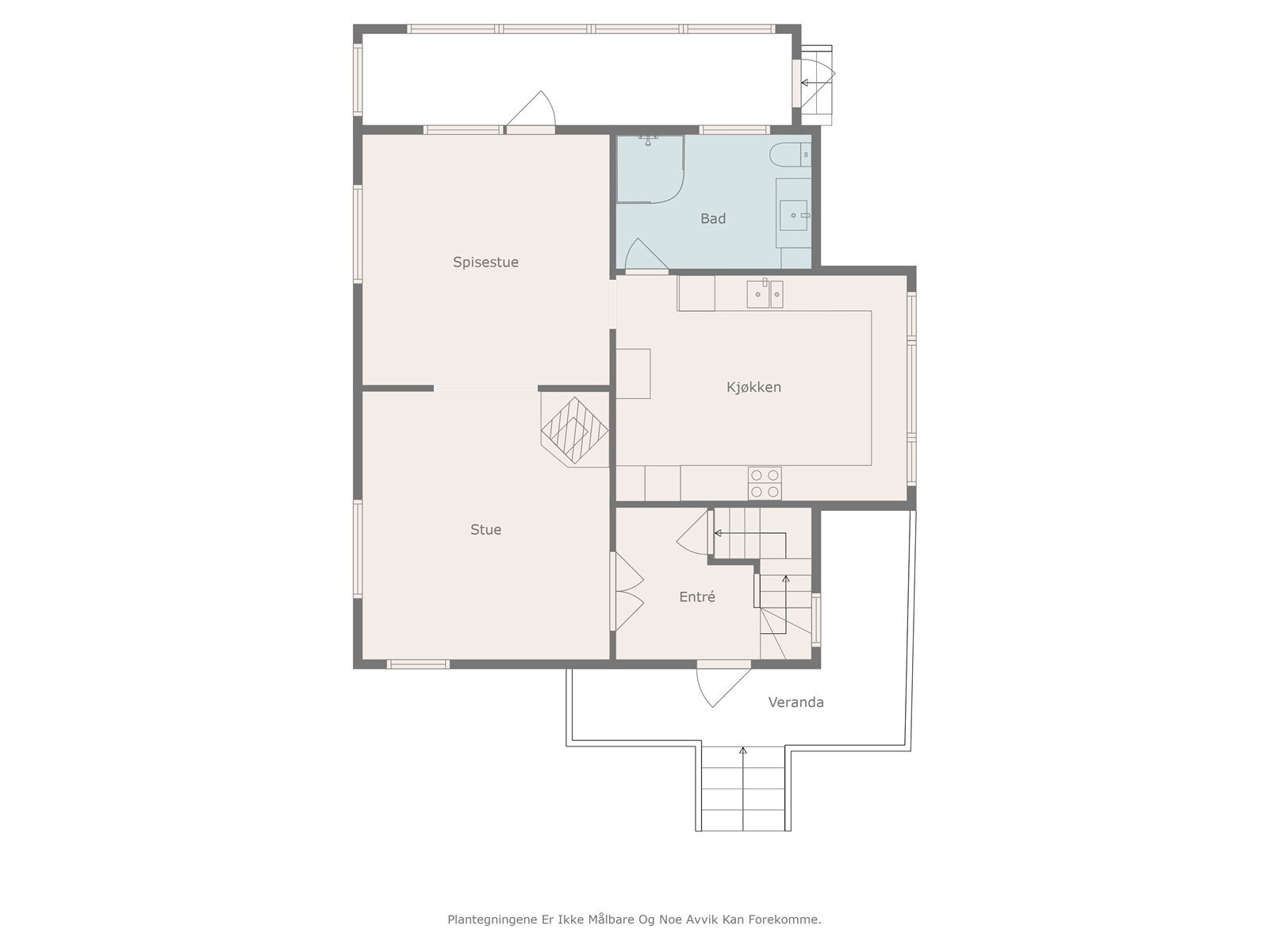 Vi starer omvisningen i hovedetasje som har to stuer, romslig kjøkken, bad og gang med trapp til loft samt kjeller Galleribilde