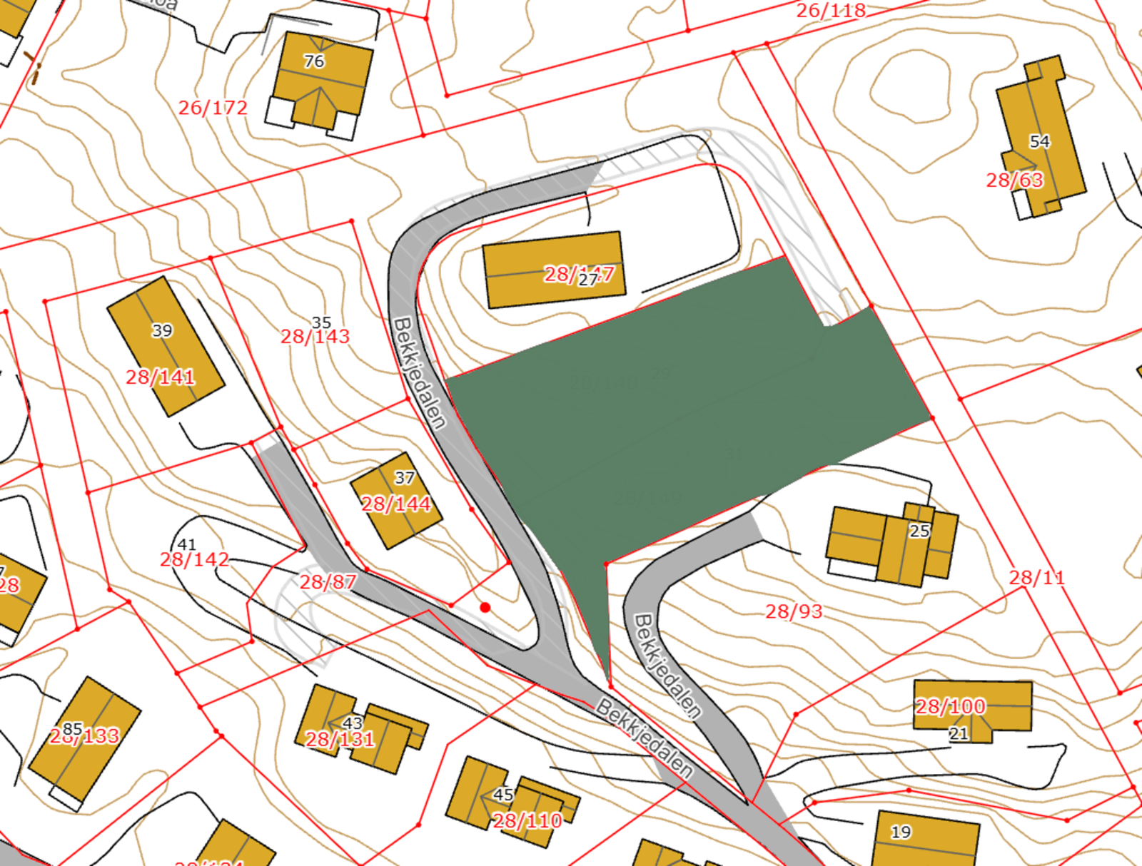 Tomtekart illustrert. Tomt 6+7 forutsettes slått sammen til en tomt, og er ca 1900 m2 Galleribilde