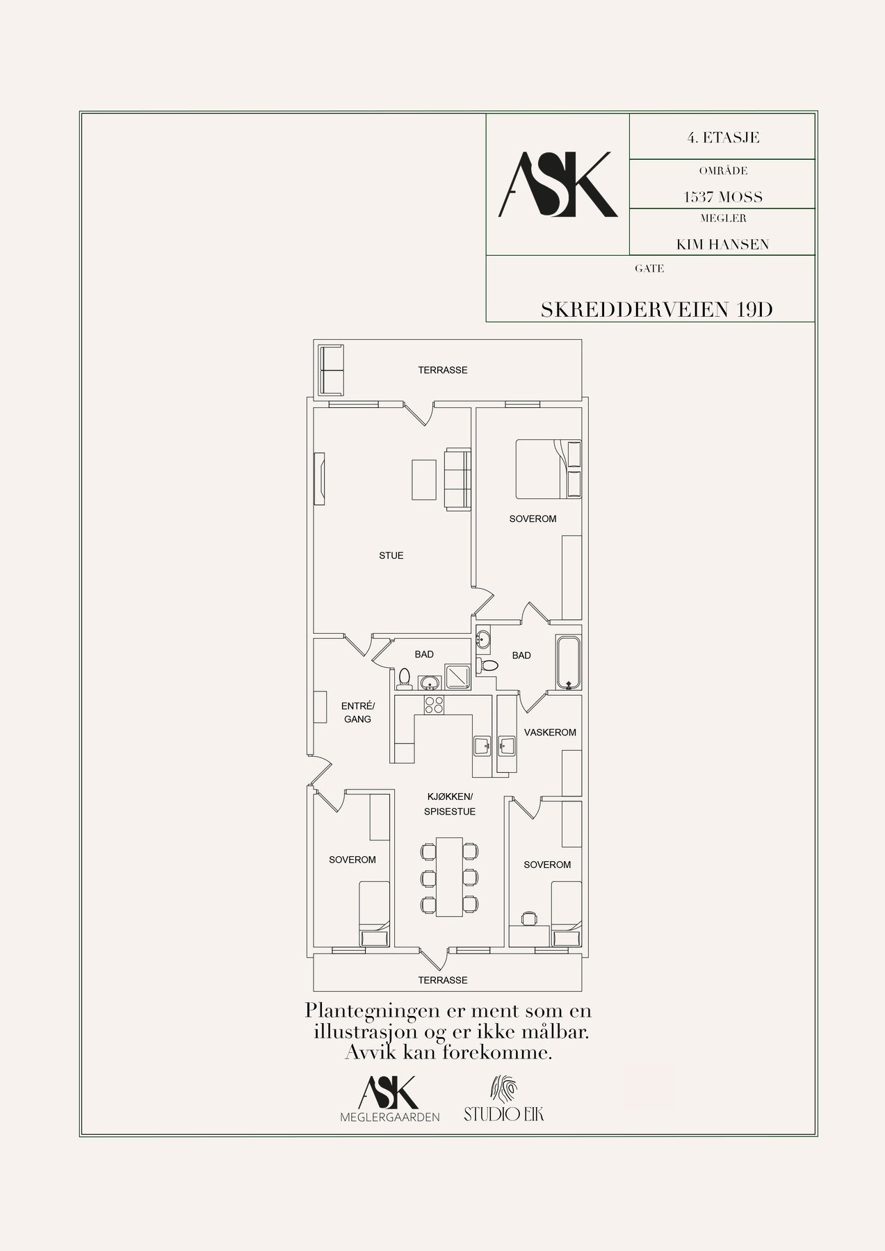 Plantegning, leiligheten ligger i øverste plan.
NB! Dør inn til hovedsoverommet er fjernet men kan ved enkle grep tilbakeføres slik som ved plantegningen. Galleribilde