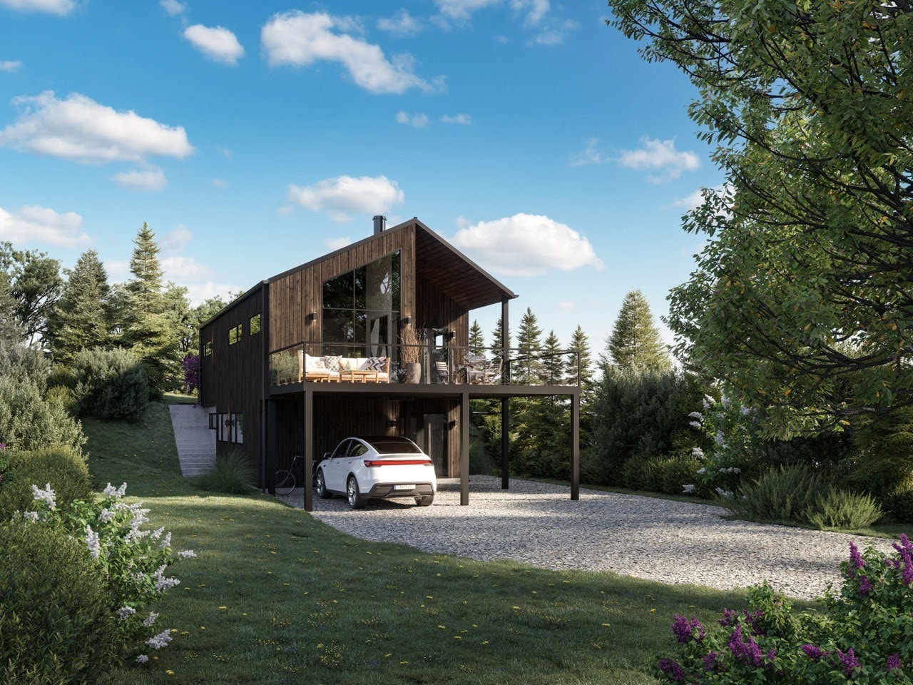 Denne inntegnede husmodellen har carport for 2 biler under veranda som er på ca. 35 m². Husmodellen heter "Nordstrand" og er fra Mesterhus. Illustrasjonsfoto. Galleribilde