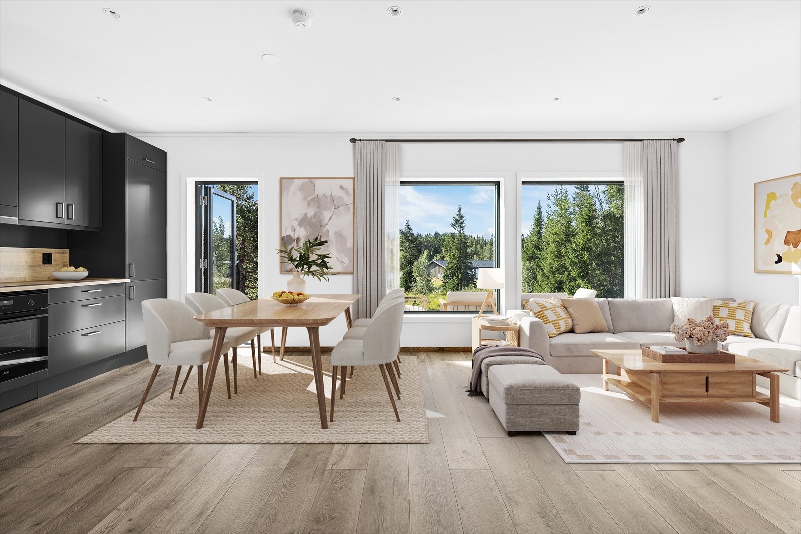 Åpen stue og kjøkken løsning med utgang til markterrasse. Bildet er digitalt møblert Galleribilde