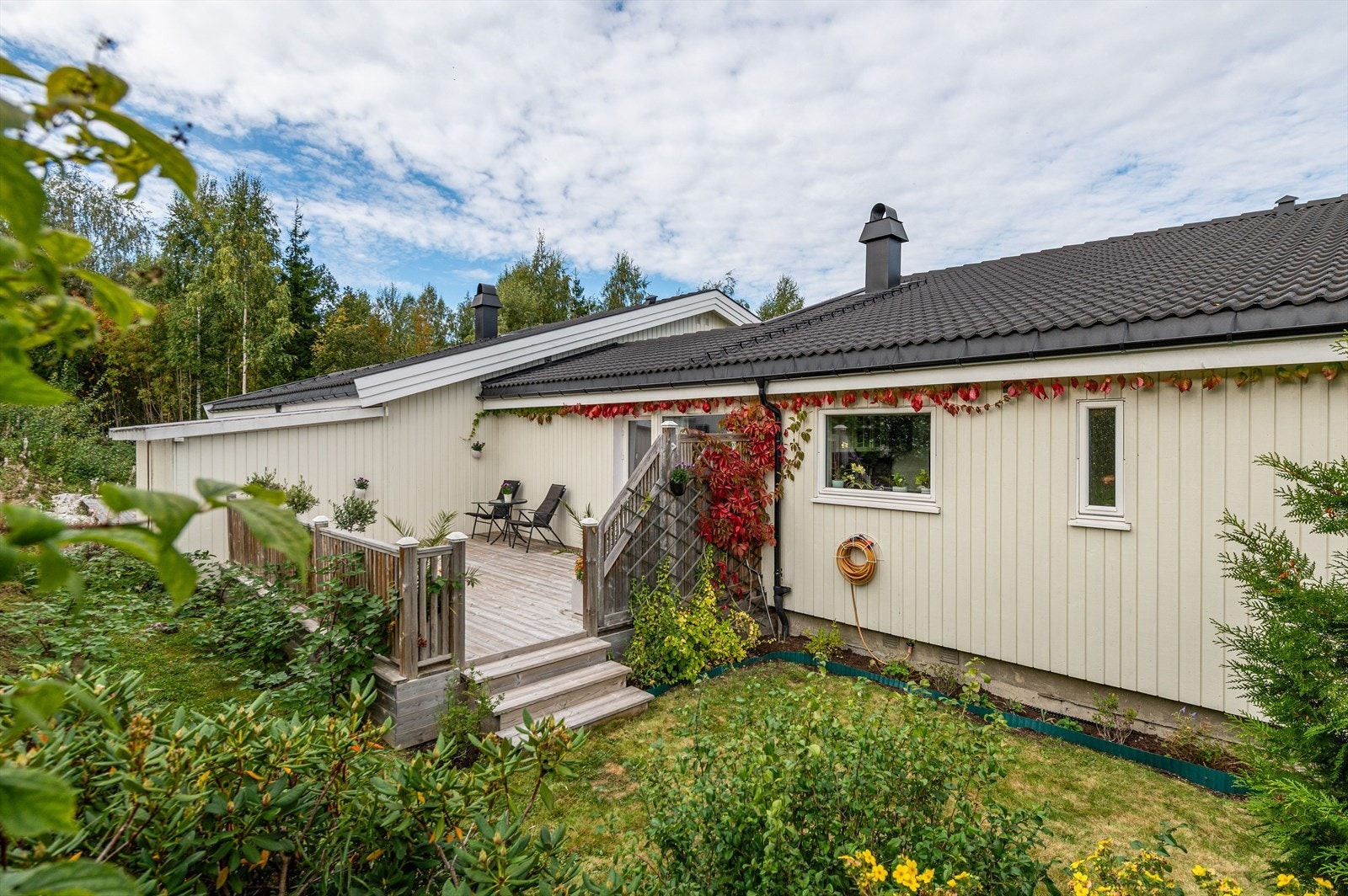 Tomten er pent opparbeidet med gress og beplantning. Galleribilde