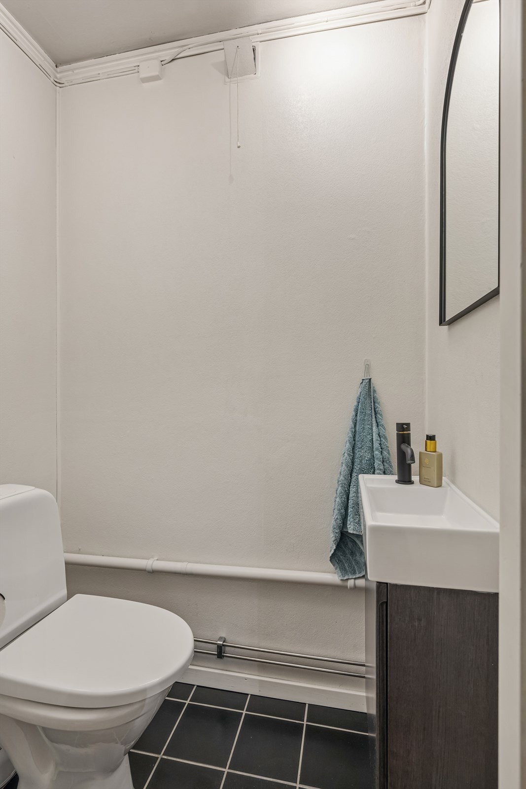 Toalettrom med malte plater på veggene og fliser på gulv, innredet med vask med underskap og gulvstående toalett. Vasken på toalettrommet var ny i 2025. Galleribilde