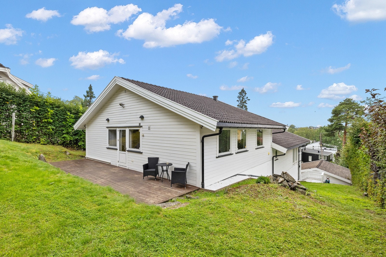 På sommeren kan du nyte av grøntanlegg, noe naturtomt øverst, plener, bed og beplantning Galleribilde