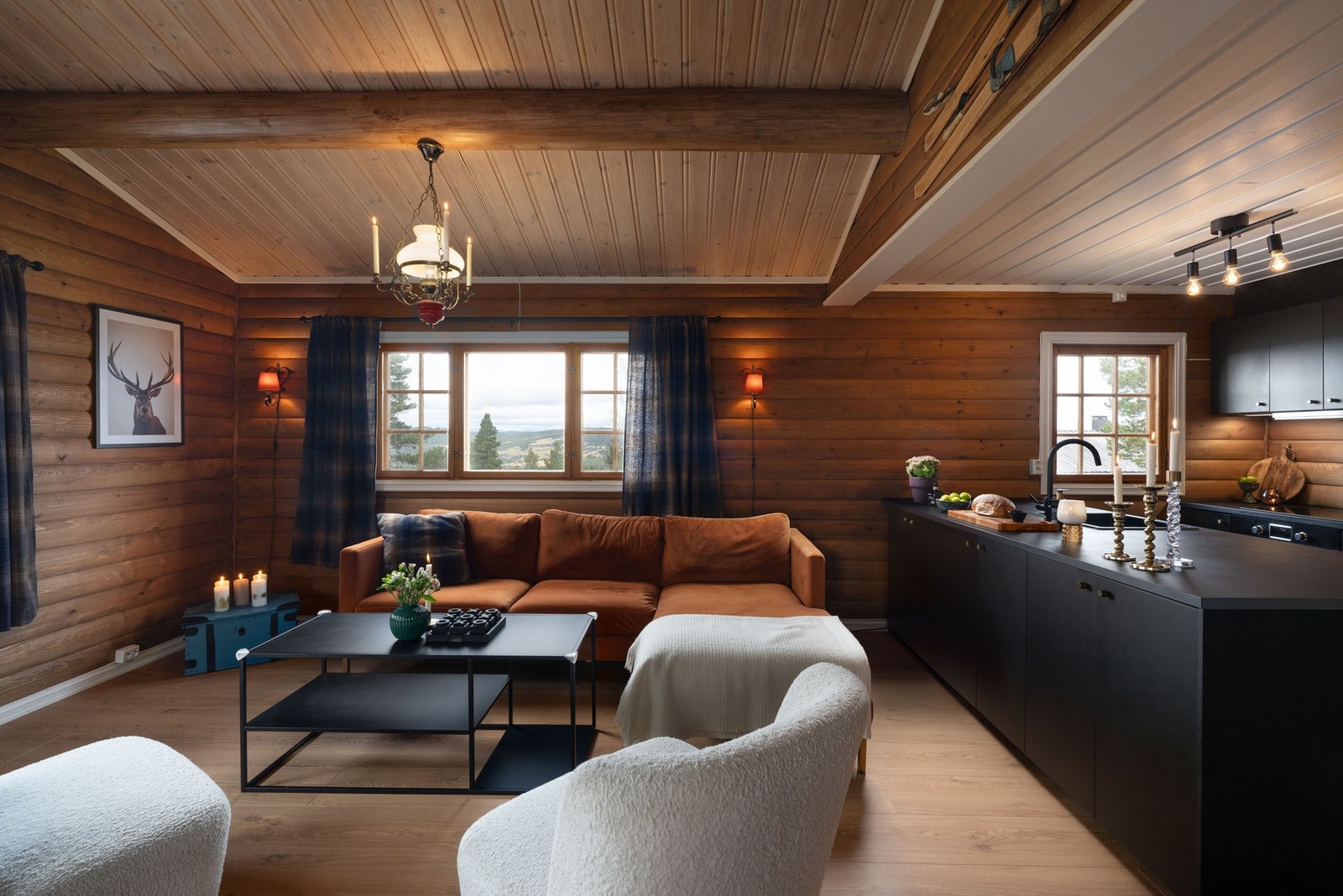 Stue og kjøkken i åpen løsning som gir en sosial atmosfære. Galleribilde