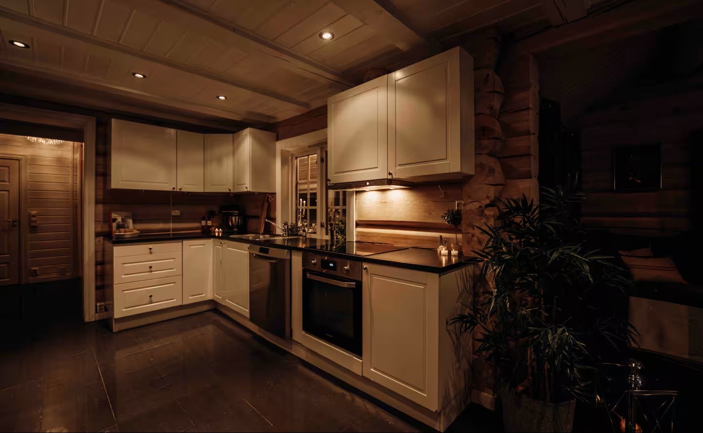 Kjøkken med kjøl/fryseskap, oppvaskmaskin, platetopp og induksjonstopp. Det er kjøkkenventilator med avtrekk ut. Galleribilde