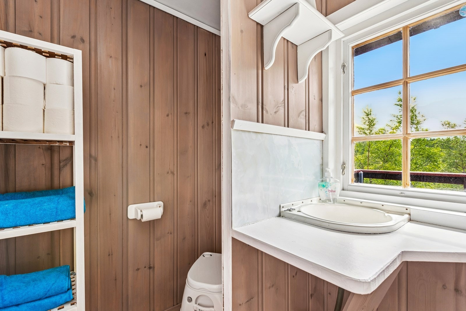 Stellerom har enkelt vaskekar og mulighet for portapotti toalett. Naturlig ventilasjon via ventil i vegg. Galleribilde