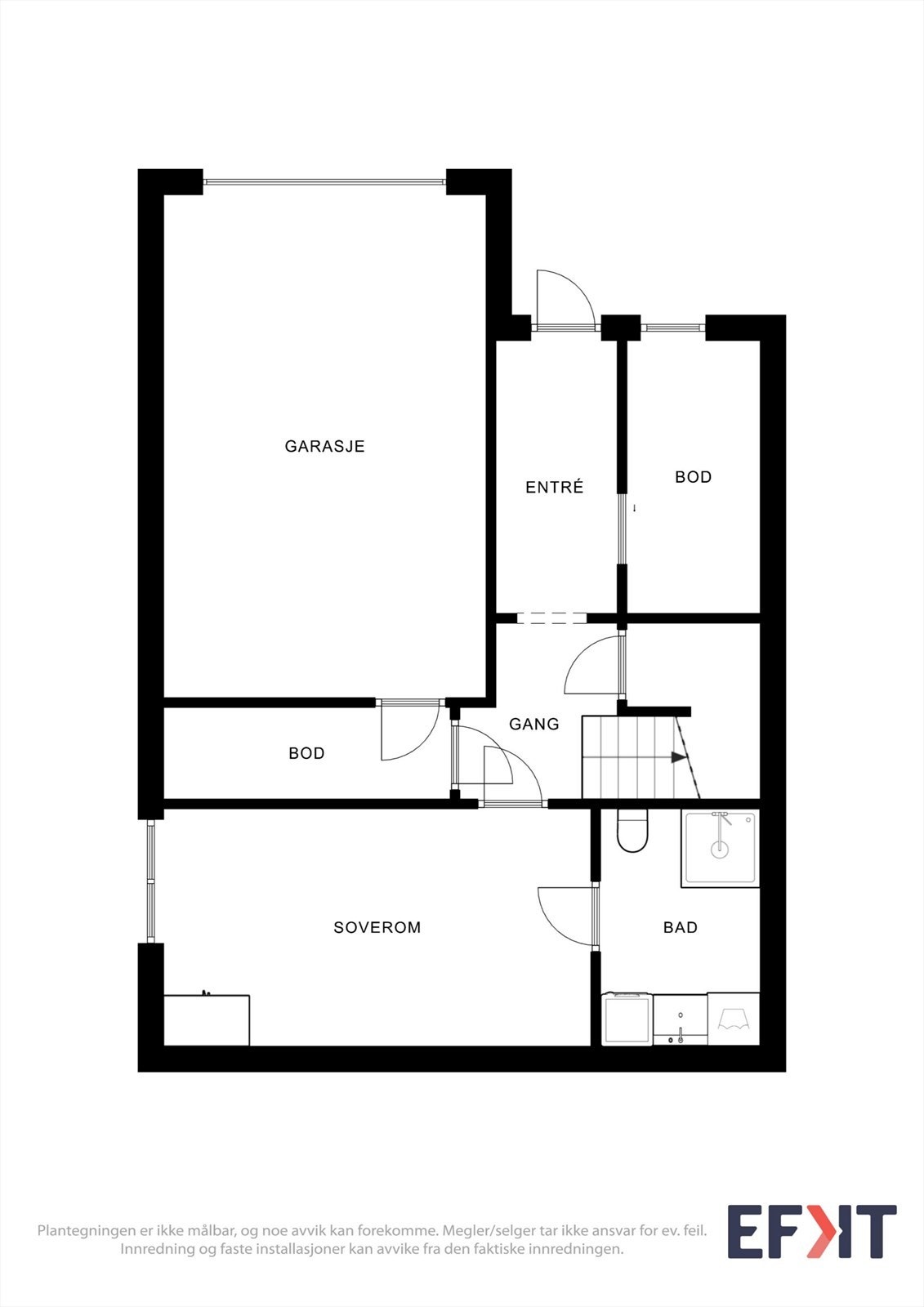 Plantegningen for sokkeletasjen viser entré, garasje, bad, bod og et soverom. Galleribilde