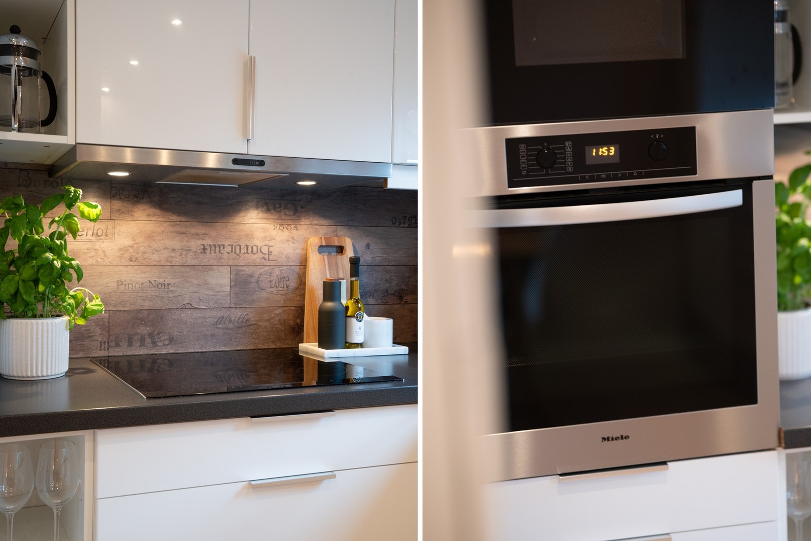 Innredningen er utstyrt med integrerte hvitevarer som komfyr, induksjonstopp og oppvaskmaskin, samt frittstående kjøleskap med frysedel. Galleribilde