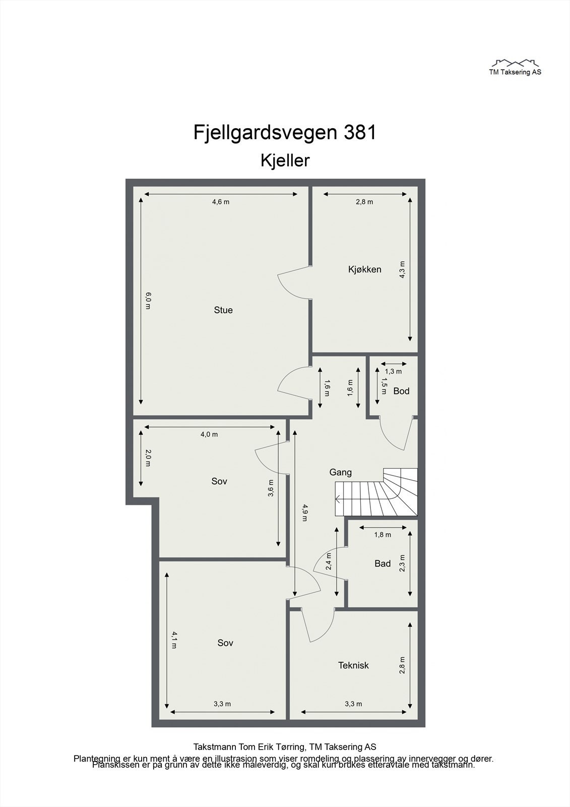 Plantegning kjeller (viser dagens innredning - ikke godkjent, byggemeldt innredning). Galleribilde