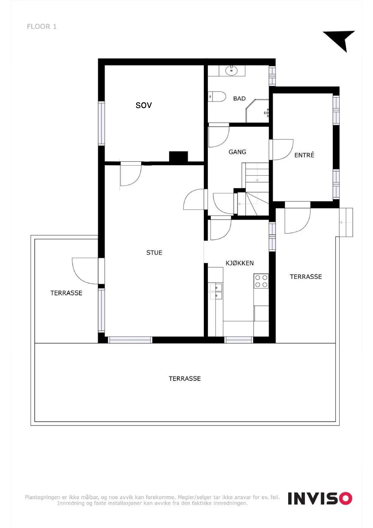 Praktisk hovedetasje med entré, kjøkken, stue, bad og ett soverom samt direkte adkomst til hage/uteområde Galleribilde