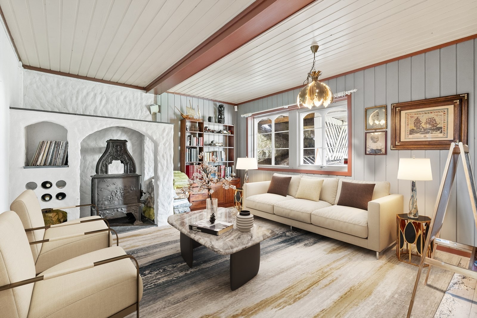 Hyggelig kjellerstue med peisovn - et perfekt rom for rolige kvelder, lek eller filmkos med familien. Her er det god plass til både sofagruppe og TV-løsning, og peisovnen gir lun varme og ekstra stemning på kalde dager. Galleribilde