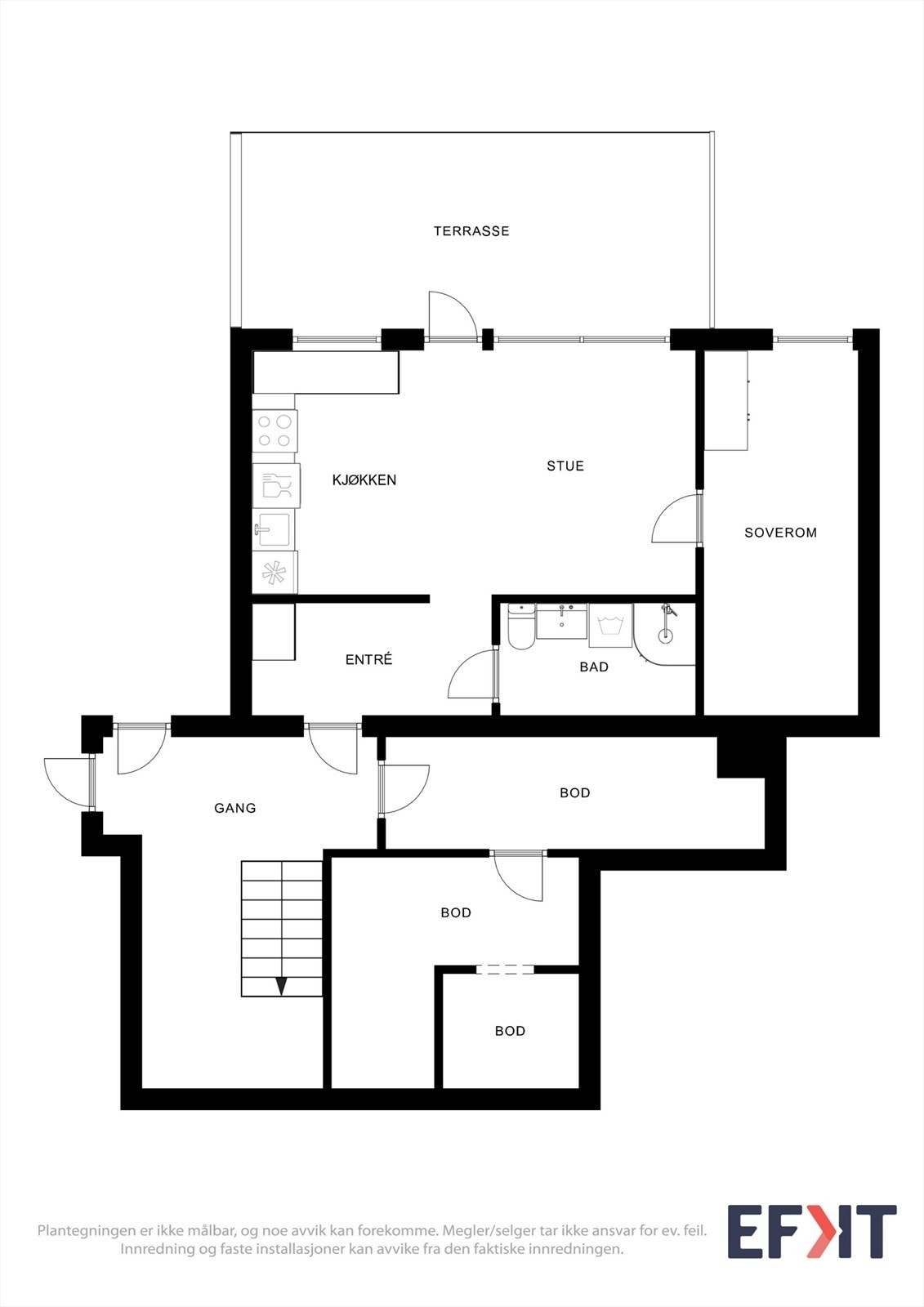 Leiligheten er på 45 m² og har i tillegg en bod på 6,3 m² i fellesarealet Galleribilde