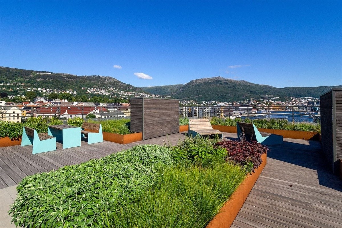Takterrasse god plass for å sole seg . Renoveres og gjenåpnes med nytt design Galleribilde