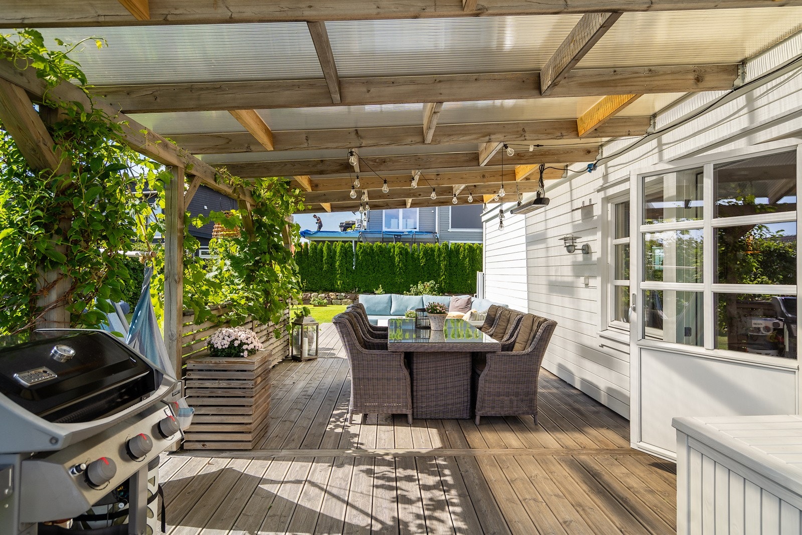 Overbygget terrasse - Legg merke til drueplanten Galleribilde