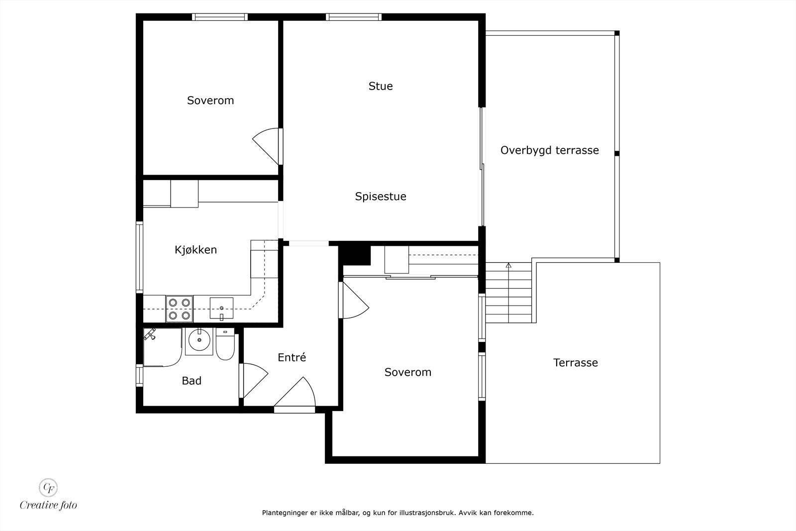 Plantegning 1. etasje. I tillegg disponerer leiligheten to kjellerboder på ca. 11m² og ca. 6m², samt en loftsbod med gulvareal på ca. 13m² (ikke måleverdig areal). Galleribilde