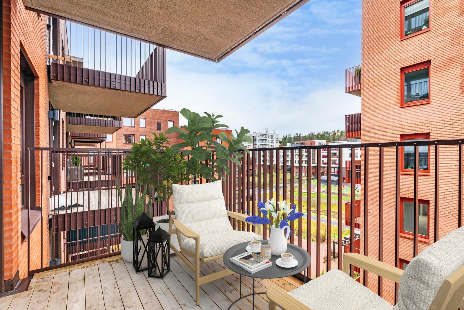 Hele leiligheten har en svært tiltalende og moderne interiørstil, med tidsriktige farger og funksjonelle løsninger. Bilde med digital styling. Galleribilde