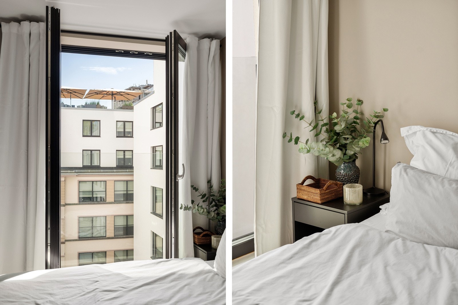 Soverommet har et stort vindu/fransk balkong som slipper inn naturlig lys og ligger skjermet fra trafikk og støy. Galleribilde