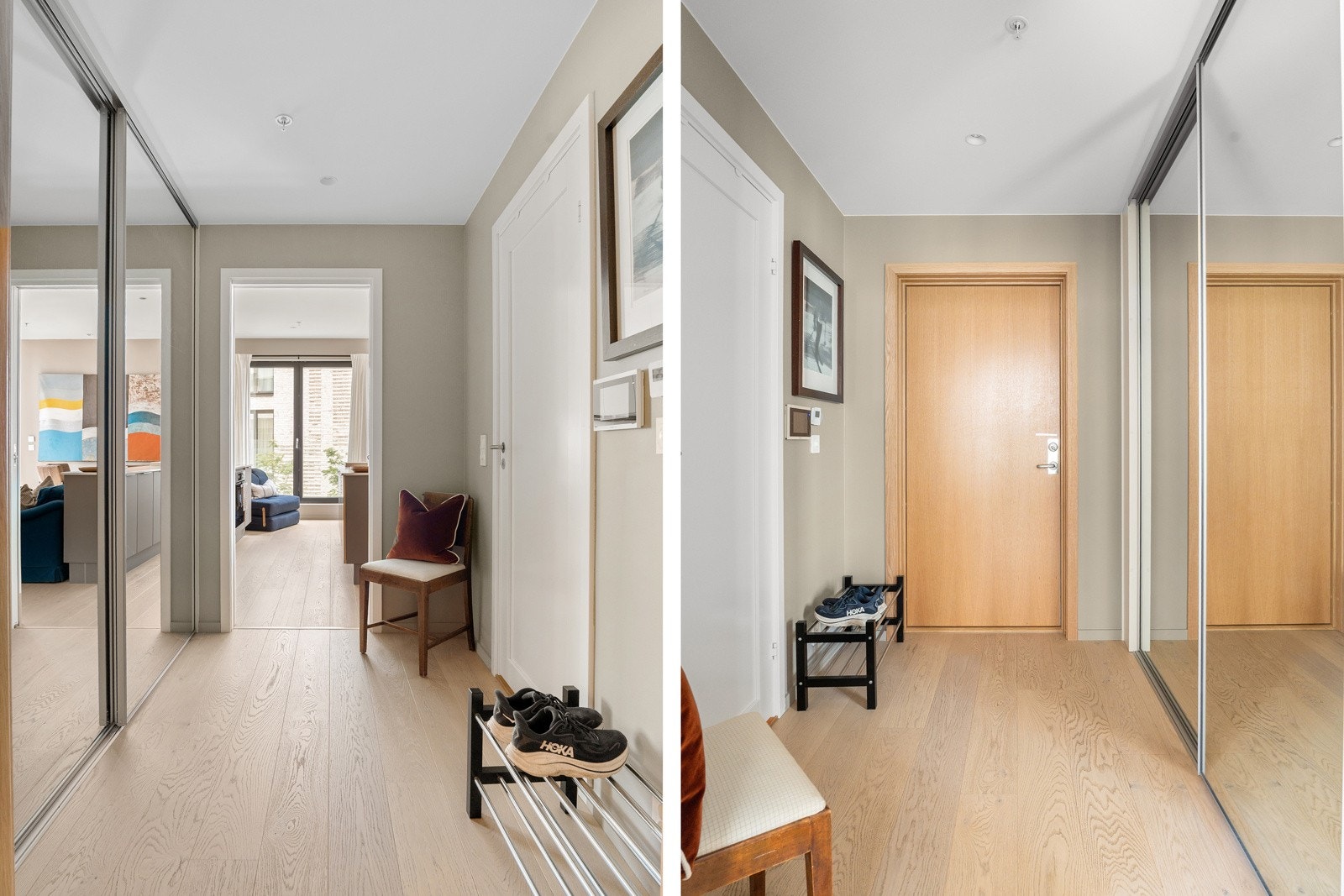 Hyggelig entré som gir et godt førsteinntrykk er innredet med skyvedørsgarderobe. Her er det direkte adkomst til bad. Galleribilde