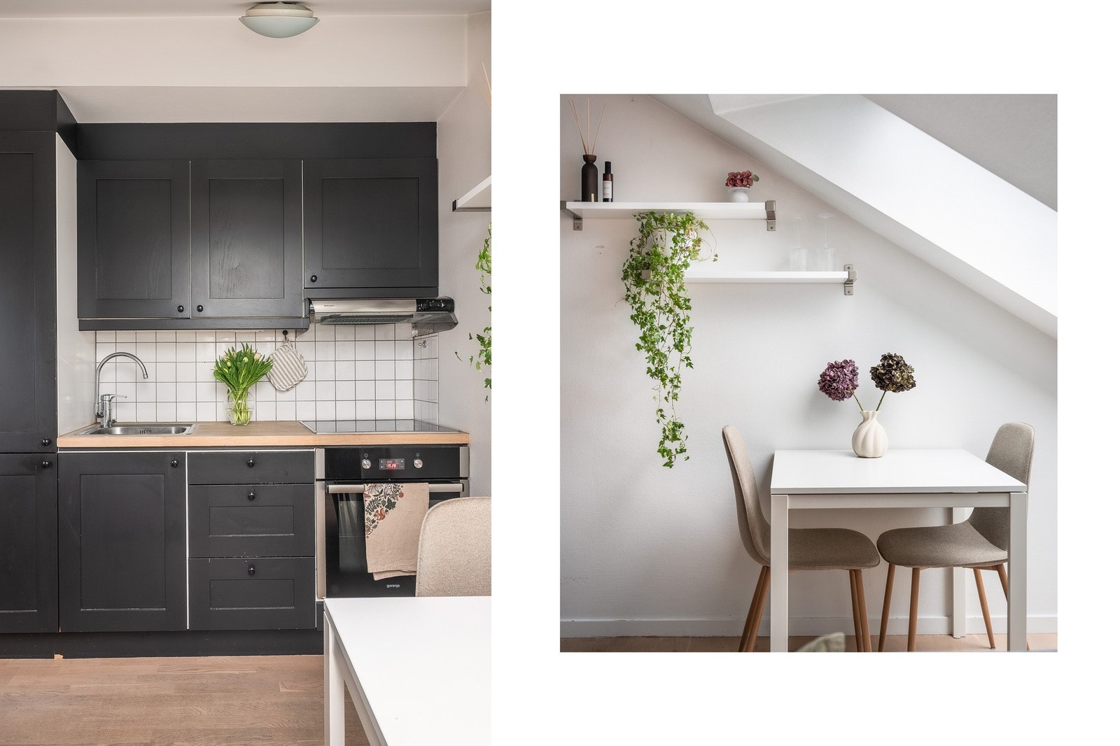 Leiligheten har en åpen stuen og kjøkkenløsning med plass til innredning av spisebord. Galleribilde