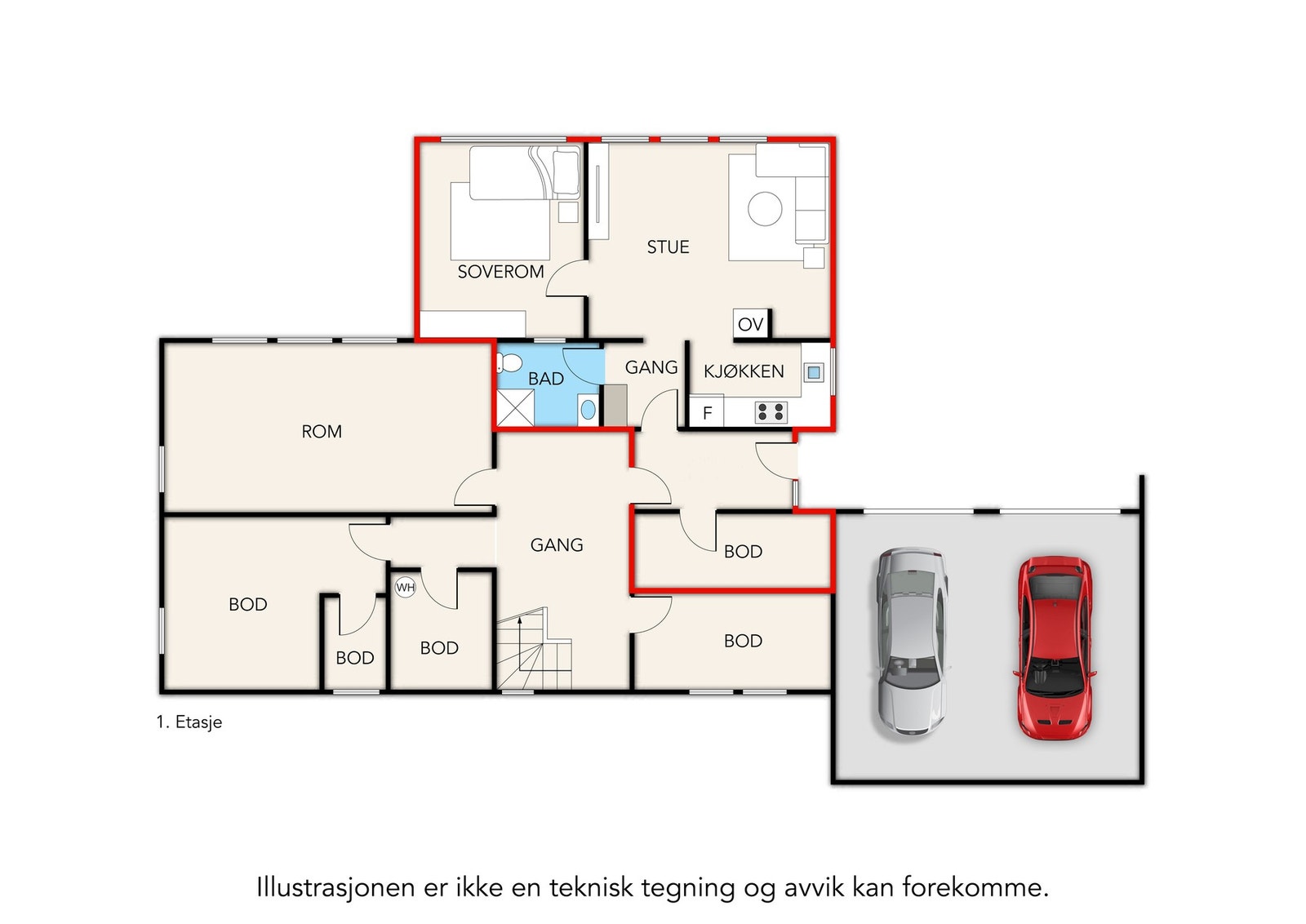 Plantegning av underetasjen. Markert rød del vise hybelen. Rom kalt soverom er ikke godkjent. Galleribilde