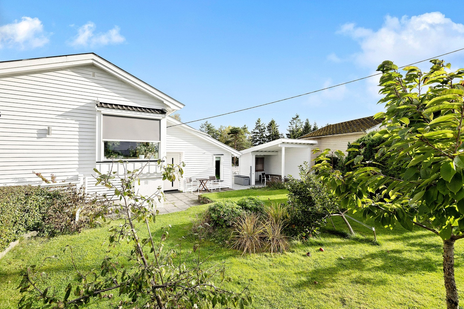 Hagen er solrik og pent beplantet med busker og trær. Galleribilde