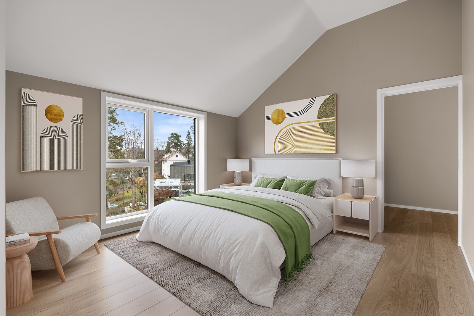 Hovedsoverom med utsikt fra sengen, med walk-in closet. Digitalt møblert. Galleribilde