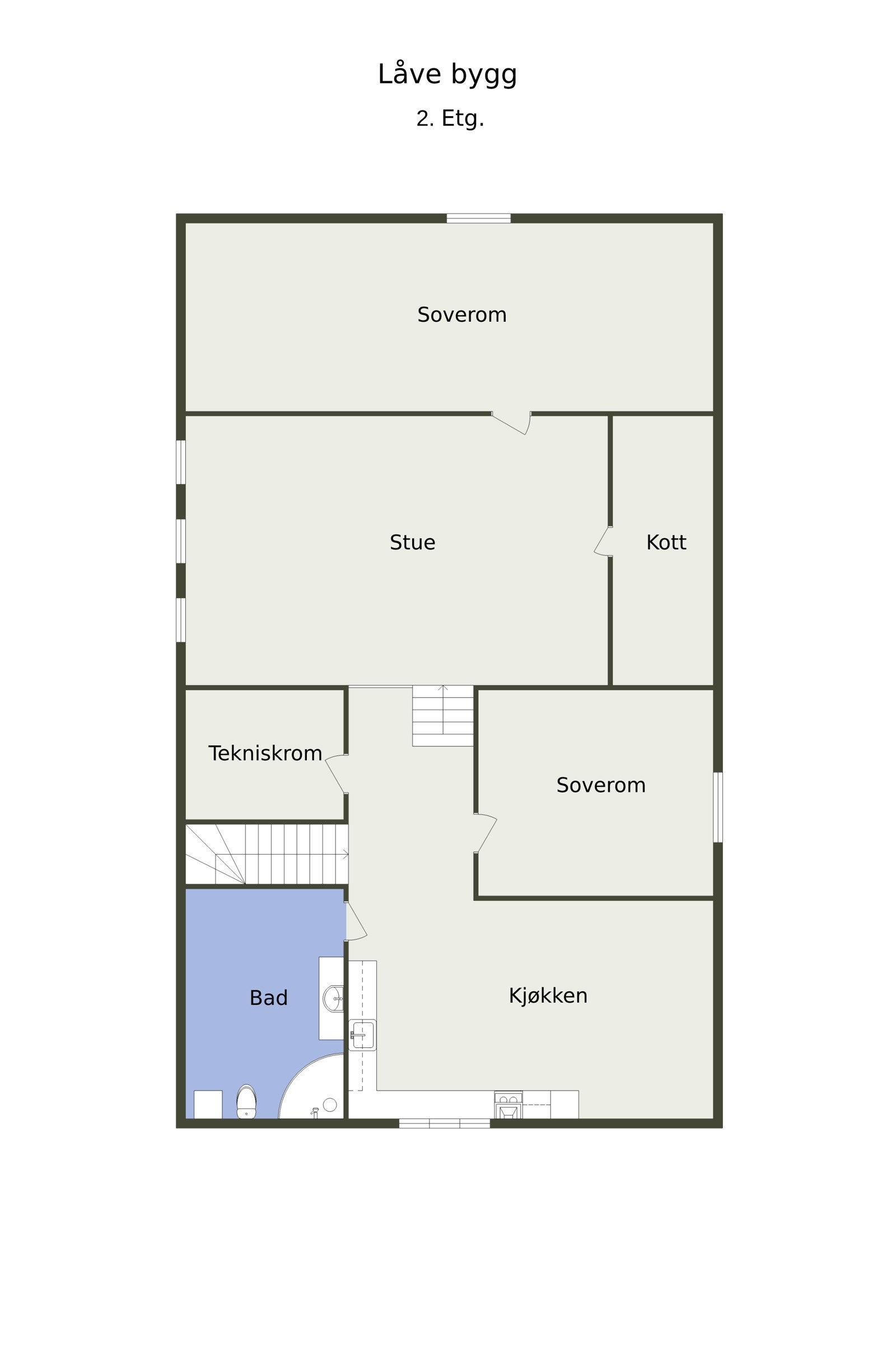 Annen etasje inkluderer to soverom, stue, kjøkken, bad, teknisk rom og kott. Galleribilde