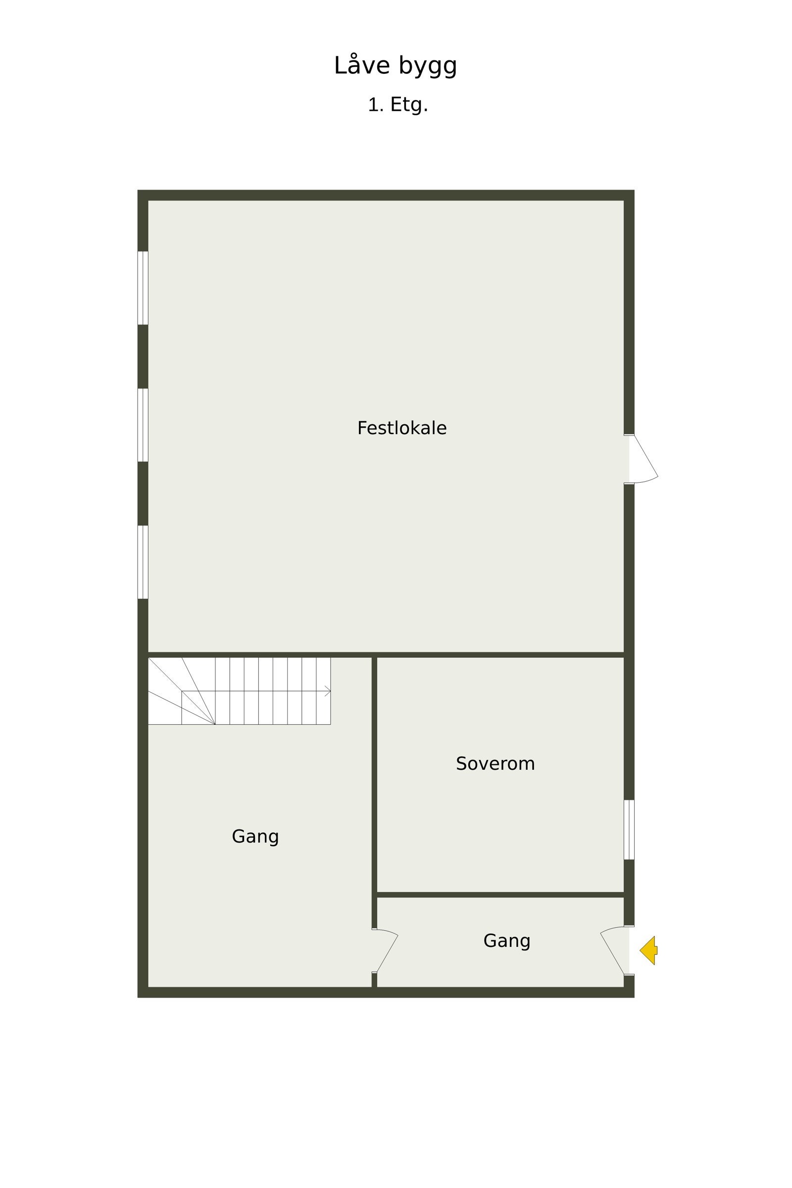 Første etasje inkluderer festlokale, soverom og gang. Galleribilde