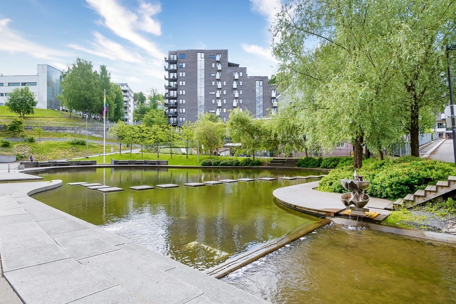 Nydelige Kværnerdammen renner gjennom Kværnerbyen, og her kan man bade om sommeren, og utnytte isen for skøytetid om vinteren. Galleribilde