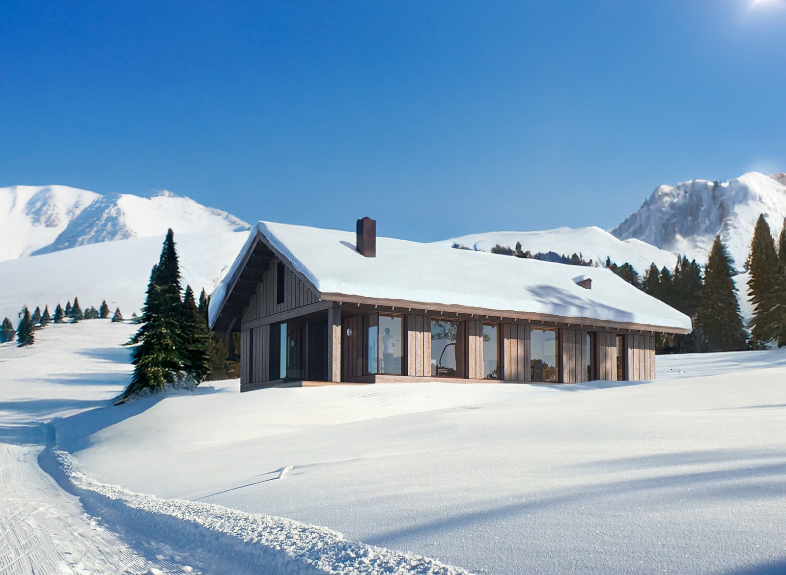 Vy hyttene glir inn i landskapet på en elegant måte. Her illustrasjon av Vy 23 med hems som er priset i annonsen. Galleribilde