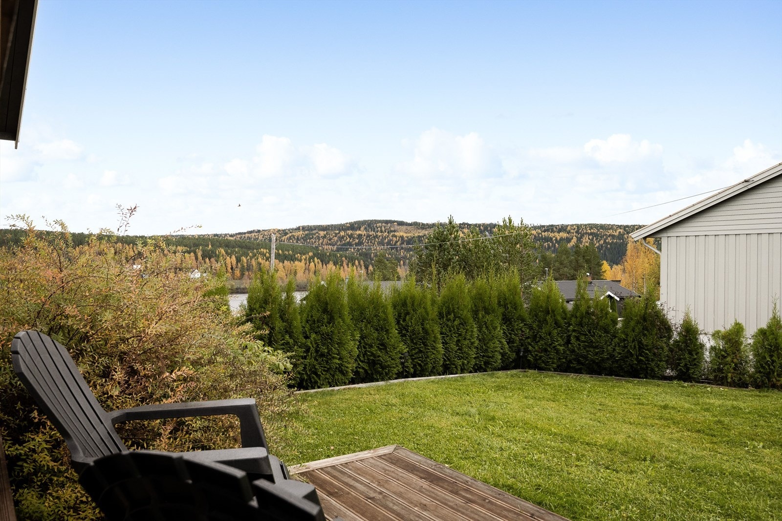 Hagen er innhegnet med hekk og pent opparbeidet med plen. Galleribilde