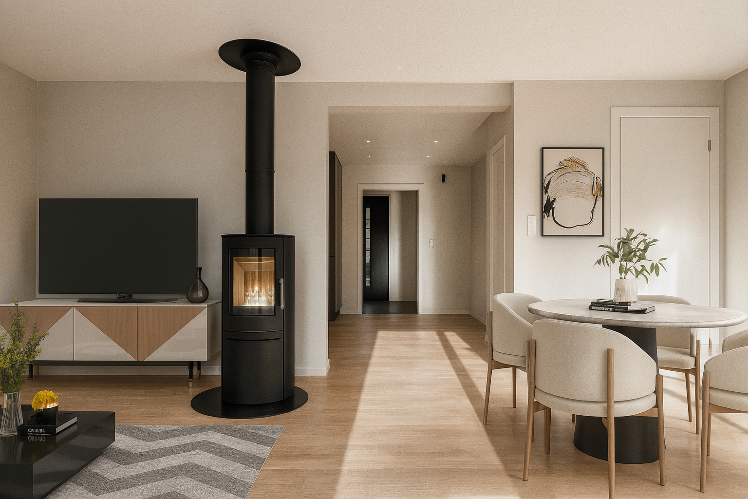 Lys og delikat stue med peisovn, Kährs Taranto parkettgulv og lysmalte veggoverflater. Bildet er digitalstylet. (NB! Bilde er av bolig D som er identisk som B) Galleribilde