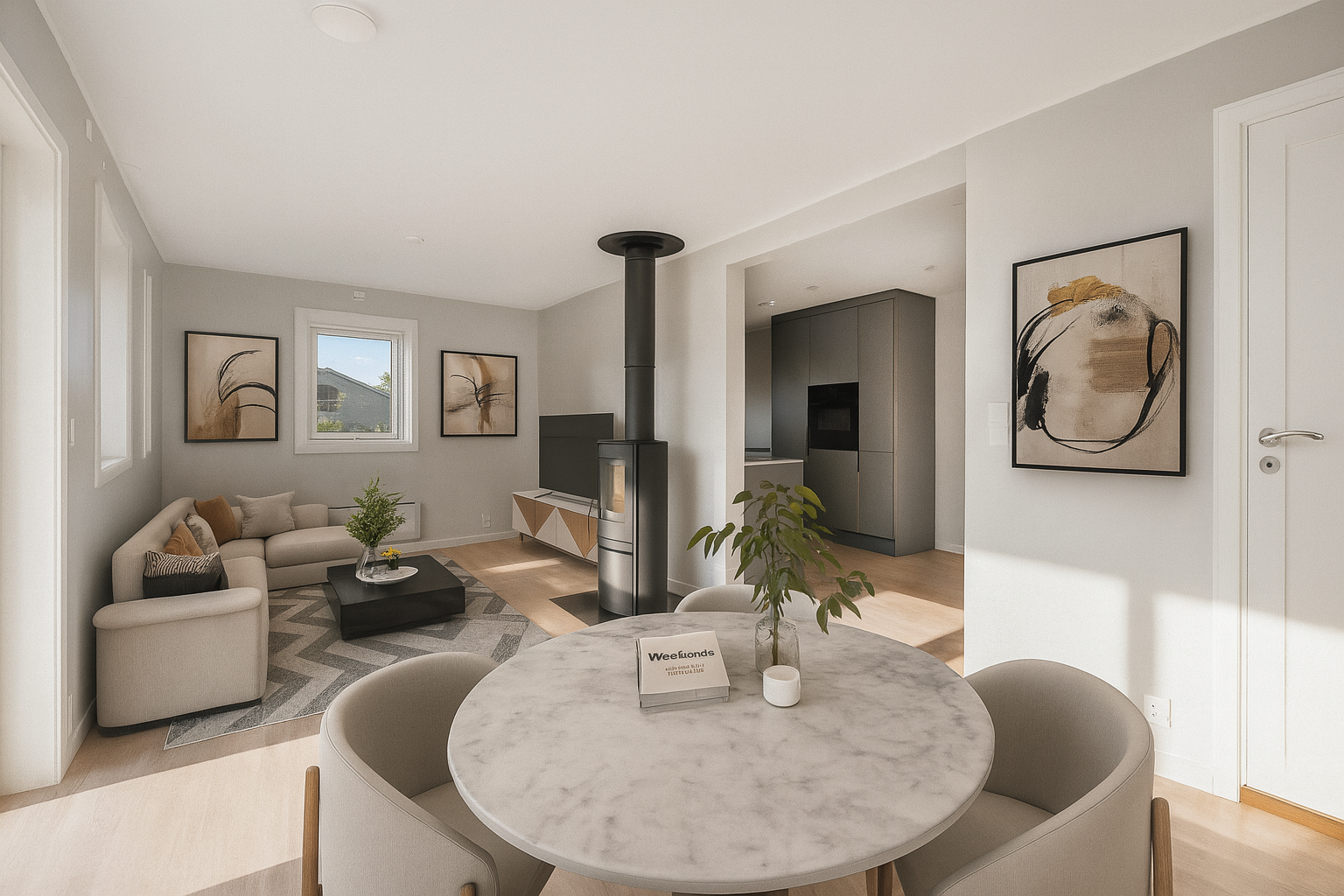 Boligen har en åpen og fin planløsning med flotte oppholdsrom, store vindusflater og meget gode lysforhold. Bildet er digitalstylet. (NB! Bilde er av bolig D som er identisk som B) Galleribilde