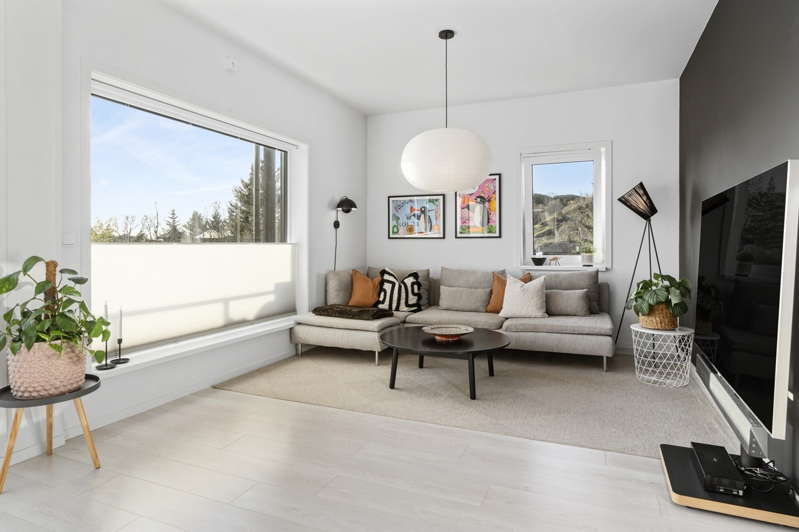 Store vindusflater med lyse plisségardiner i stuen. Galleribilde